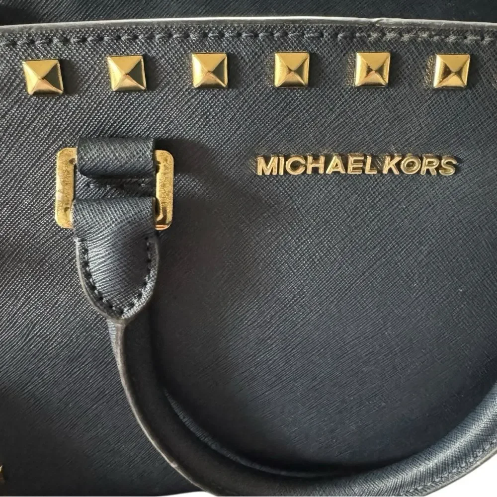Michael Kors Medium TZ SELMA STUD Satchel Bag NAVY Blue Saffiano Leather